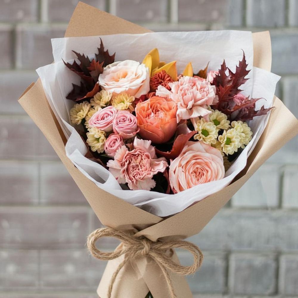 Букет цветов из: Гвоздики, Хризантемы и Розы в Нее