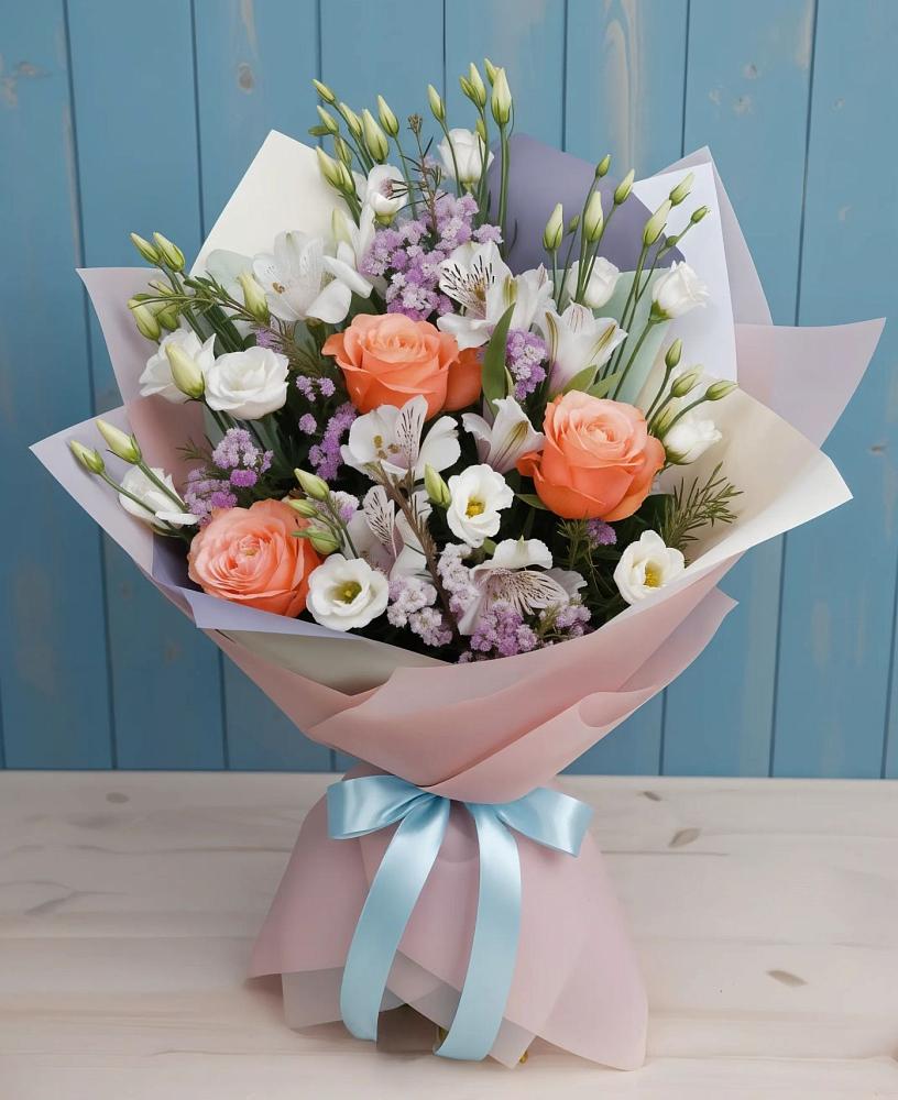 Букет цветов из: Лизиантусы, Розы, Альстромерии и Гипсофила в Нее