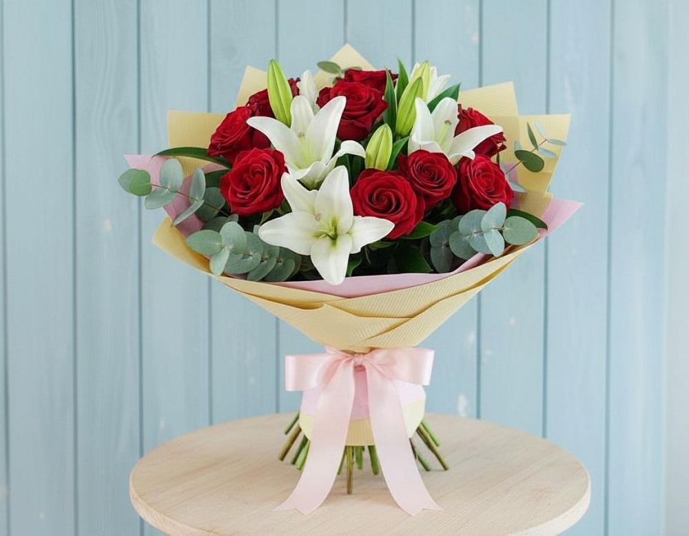 Букет цветов из: Лилии и Розы в Нее