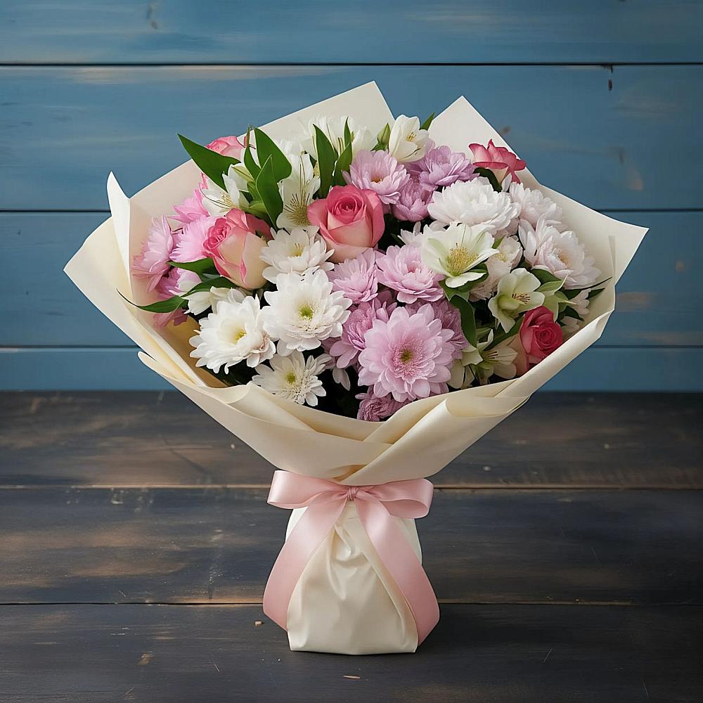 Букет цветов из: Хризантемы, Альстромерии и Розы в Нее